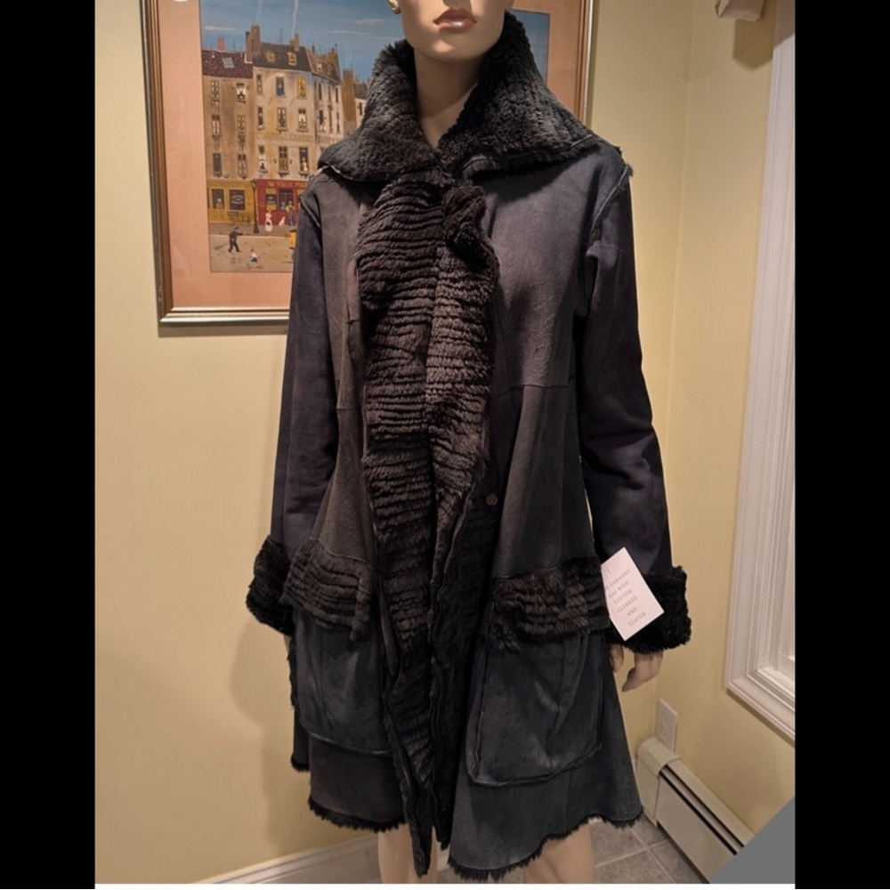 Growbeans by Karen Groner 35” Long Midnight Navy Blue Rabbit Fox Shearling Sz M - Picture 15 of 15